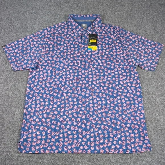 Callaway Mens XL Opti-Dri Golf Polo Galaxy Blue Pink Crab Print UPF 50 NWT - Picture 2 of 8